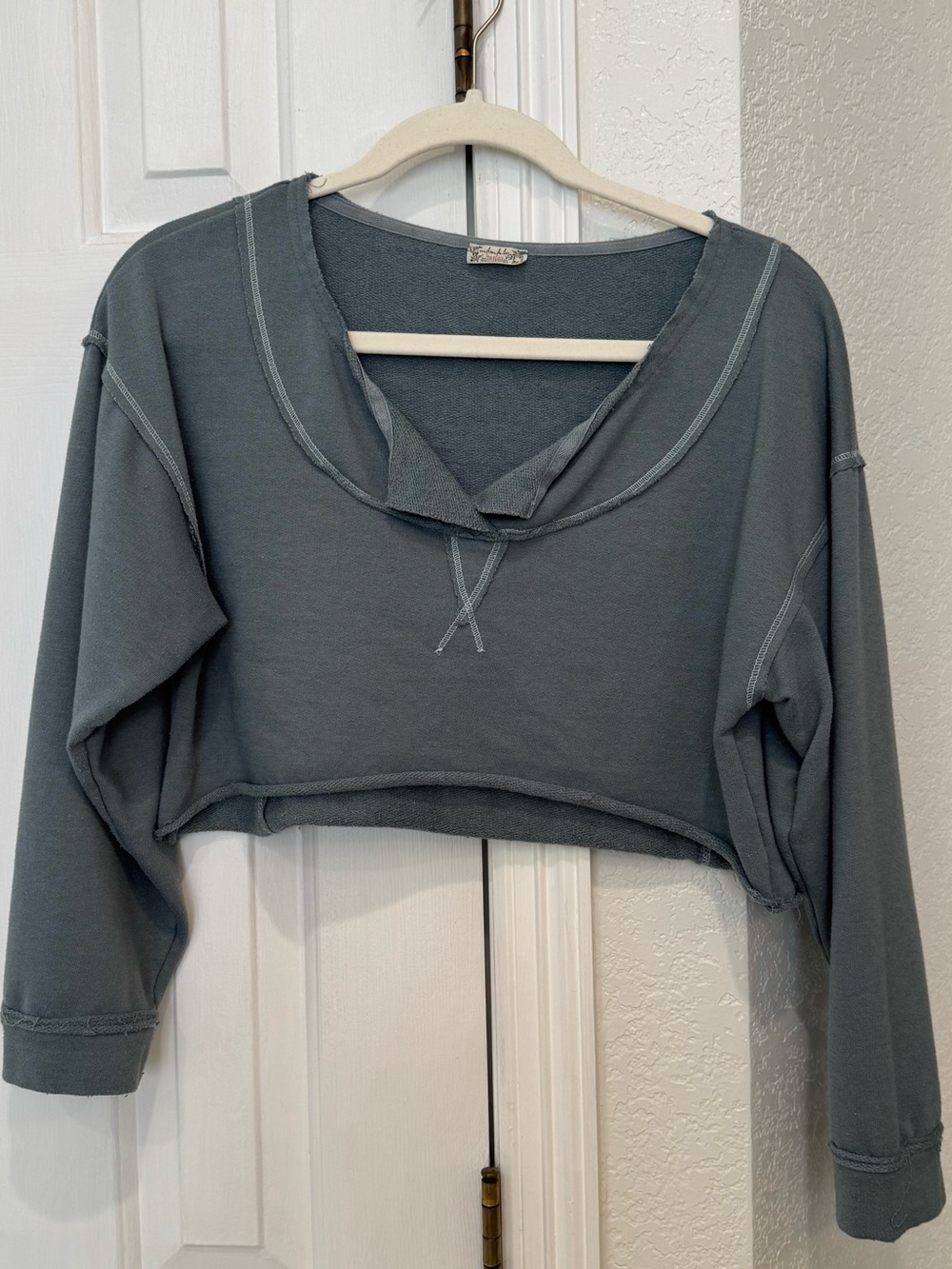 Free People Cropped Pullover Sweatshirt in Slate Blue-Gray